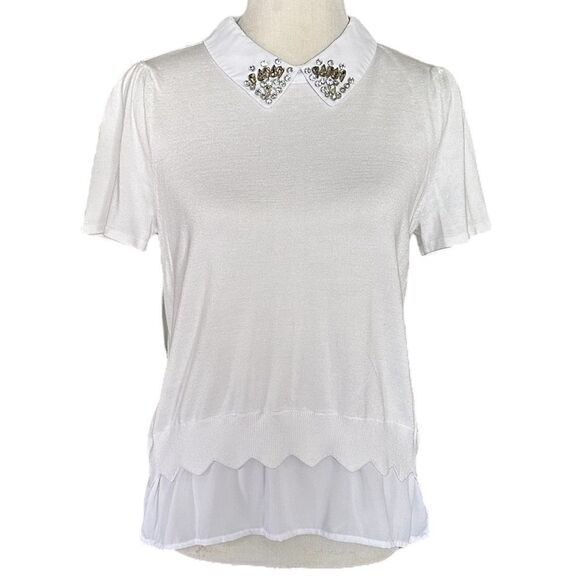 Belldini White Formal Peterpan Embellished Collar Flowy Workwear Blouse Shirt - Picture 1 of 6